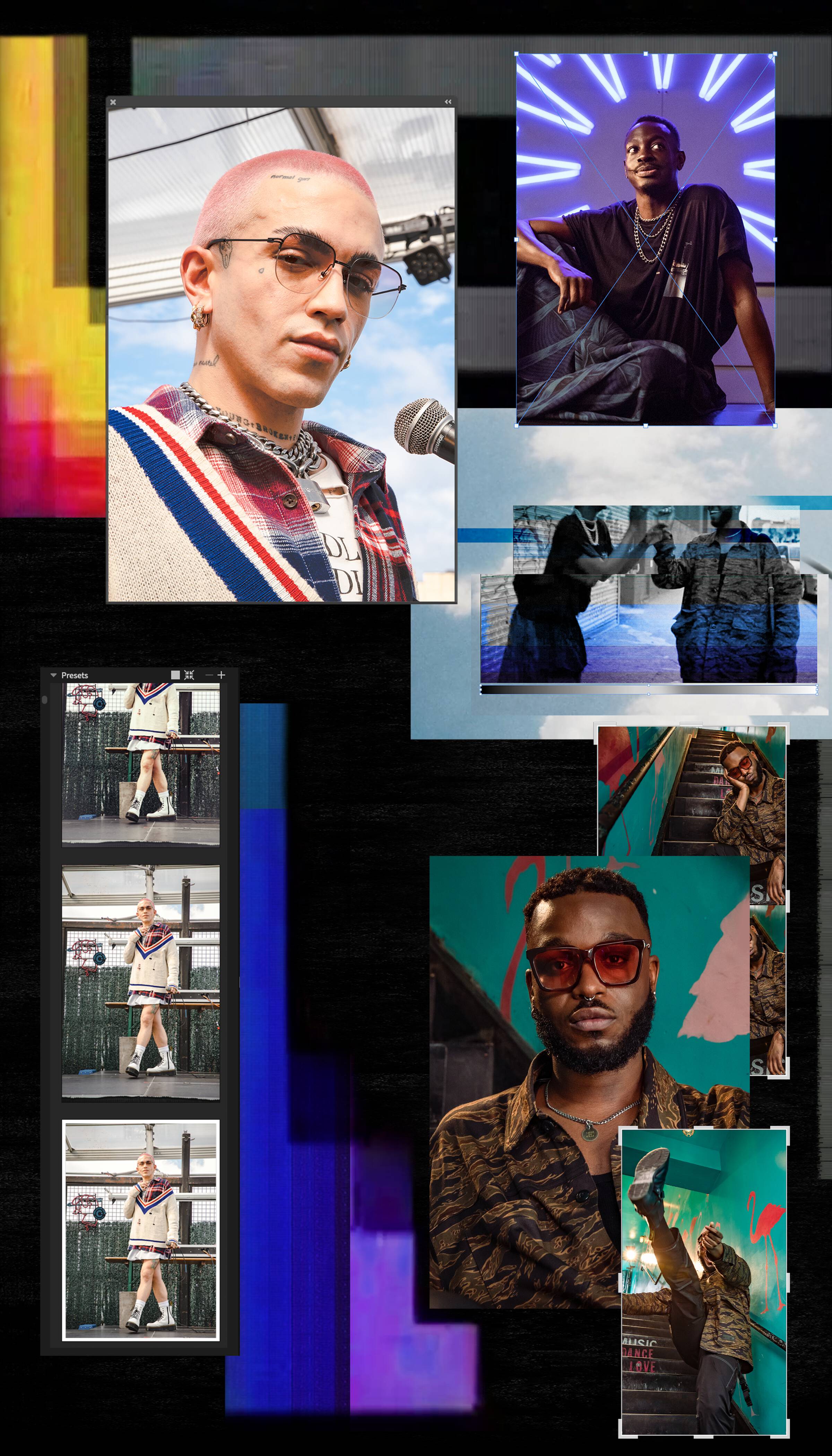 Layered and brightly colored collage featuring portraits of various artists shown in feature film along with repeated images of one of them wearing Dr. Martens.